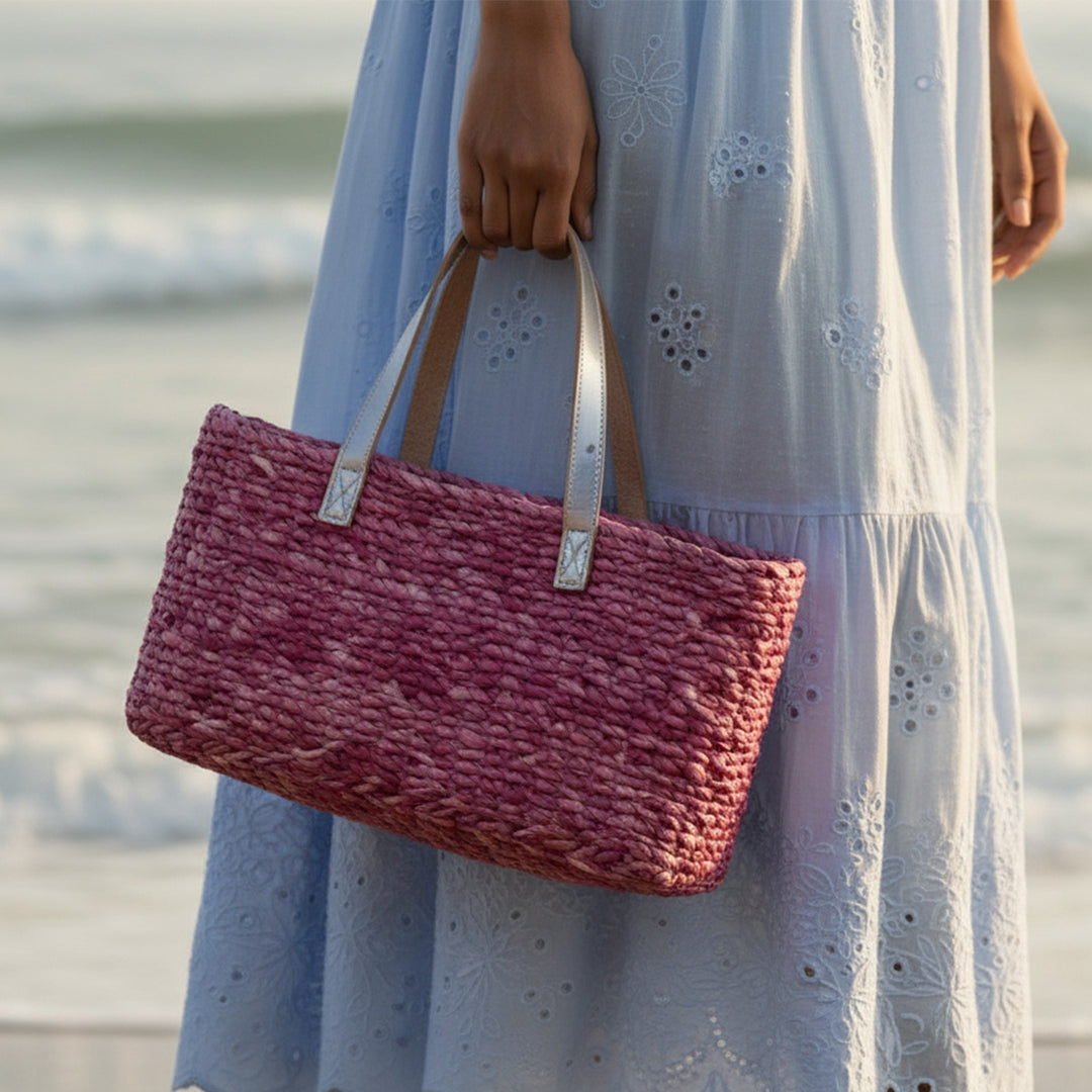 Handmade Grass Woven Blush Braided Flat Strap Sabai Mesh Handbag