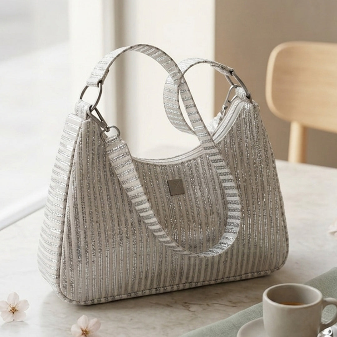 Silver and White Striped Upcycled Plastic Handcrafted Baguette Handbag