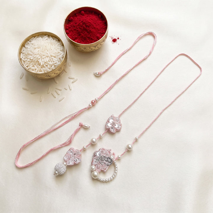 Handmade Peach Floral Design Couple Rakhi Lumba Set With Roli Chawal For Bhaiya Bhabhi