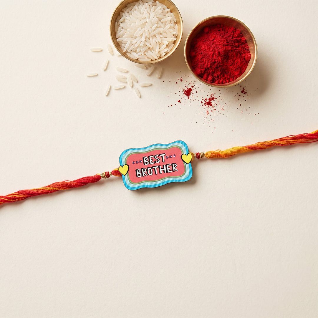 Glossy Printed Wooden 'Best Brother' Rakhi With Kumkum Rice For Brother