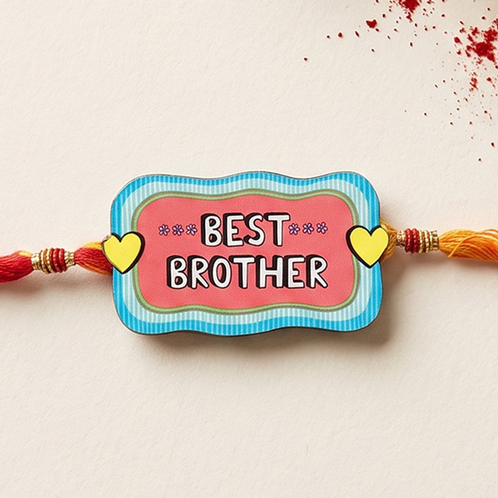 Glossy Printed Wooden 'Best Brother' Rakhi With Kumkum Rice For Brother