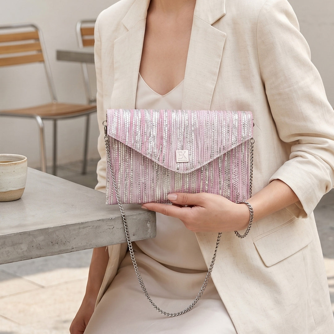 Pink and Silver Striped Upcycled Plastic Handcrafted Envelope Clutch Sling
