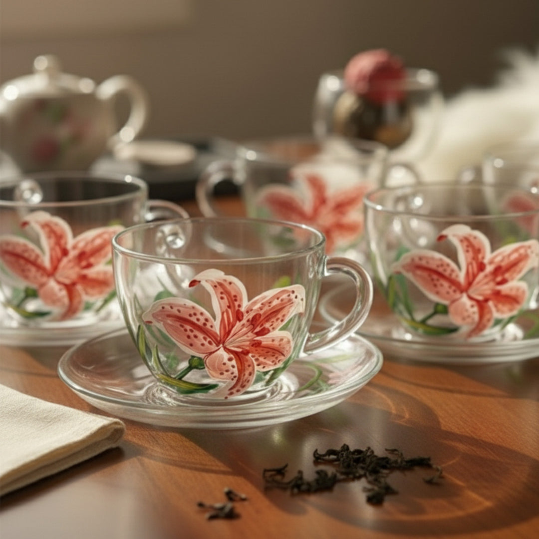 Hand-Painted Lily Glass Tea Cups With Saucers