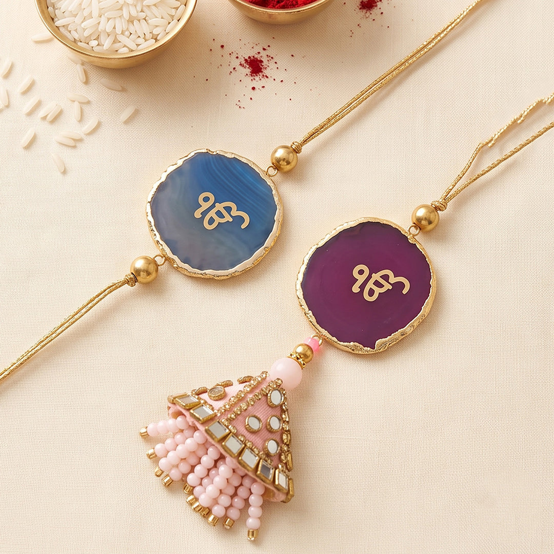 Handmade "Ik Onkar" Pink And Blue Premium Agate Bhaiya Bhabhi Couple Rakhi And Lumba Set With Roli Chawal, Nariyal And Gift Box | Set of 2
