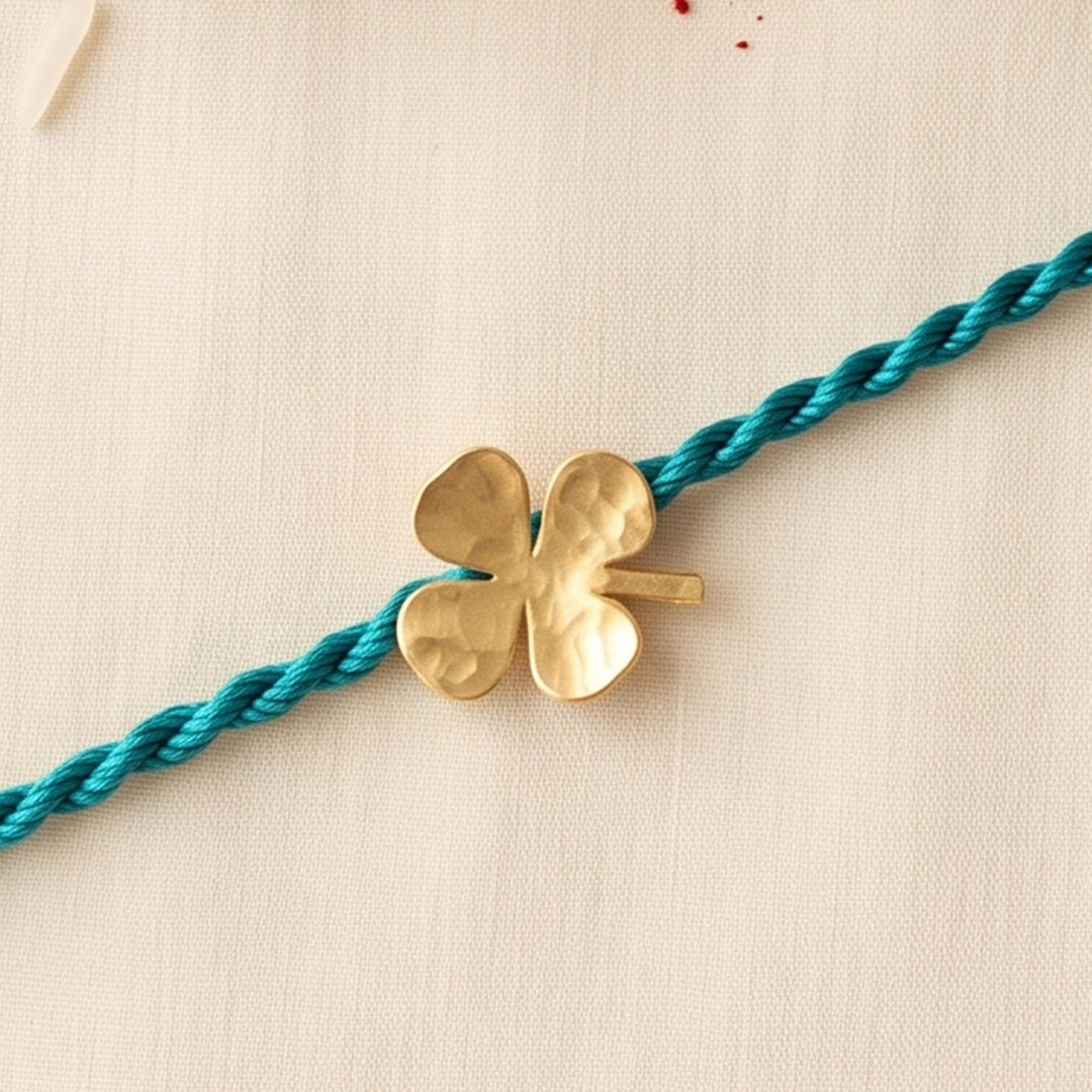 Good Luck Clover Gold Plated Sterling Silver Charm Rakhi With Roli Chawal For Brother