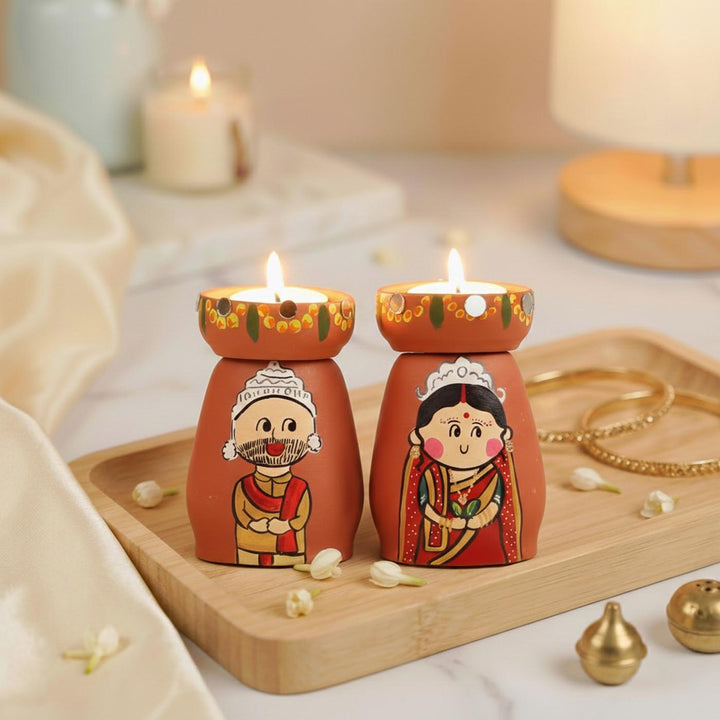 2 Pc | Bengali Couple Handpainted Terracotta Tealight Holders