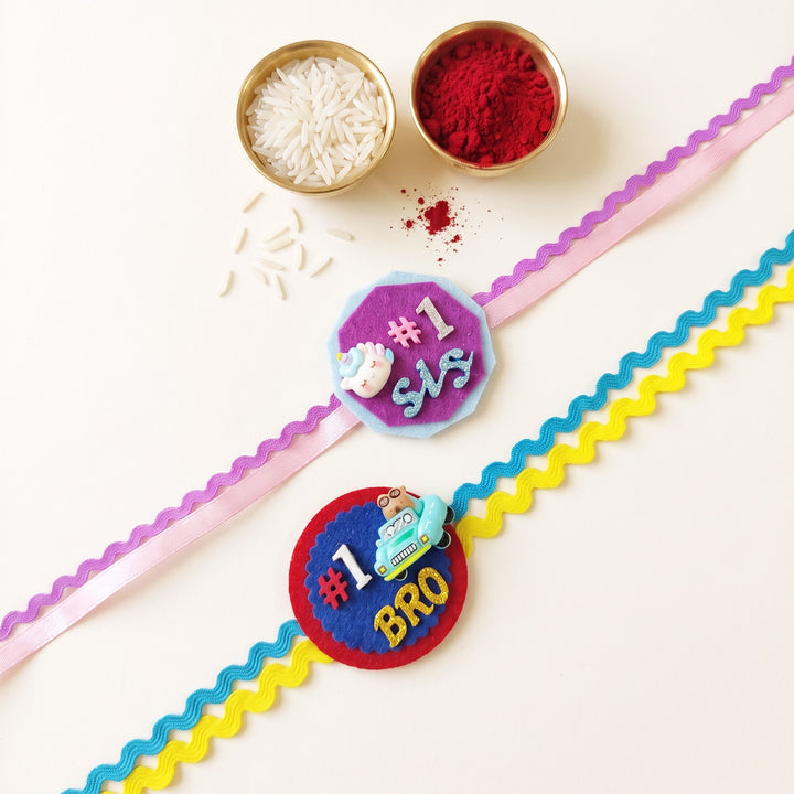 Handmade "No.1 Sis" Unicorn & "No.1 Bro" Car Felt Kids Rakhi Combo With Roli Chawal For Brother & Sister | Set Of 2