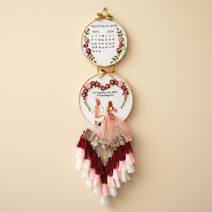 Personalized Embroidered Red Double Hoop Wedding Plaque With Tassels