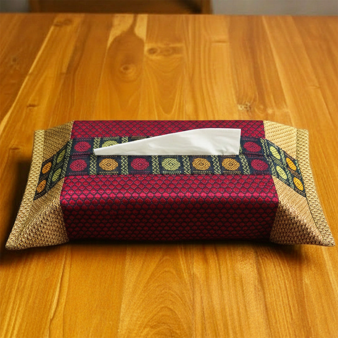 Handmade Red & Gold Rudraksha Design Khunn Fabric Cotton Tissue Box Cover