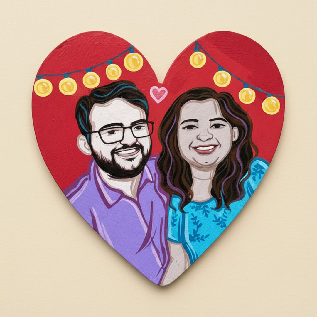 Photo Personalized Hand-Painted Large Heart Shaped Pop Art Illustrated Caricature MDF Wood Fridge Magnet