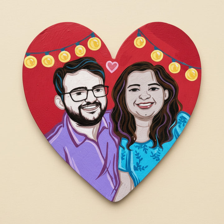 Photo Personalized Hand-Painted Large Heart Shaped Pop Art Illustrated Caricature MDF Wood Fridge Magnet
