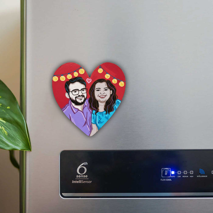 Photo Personalized Hand-Painted Large Heart Shaped Pop Art Illustrated Caricature MDF Wood Fridge Magnet