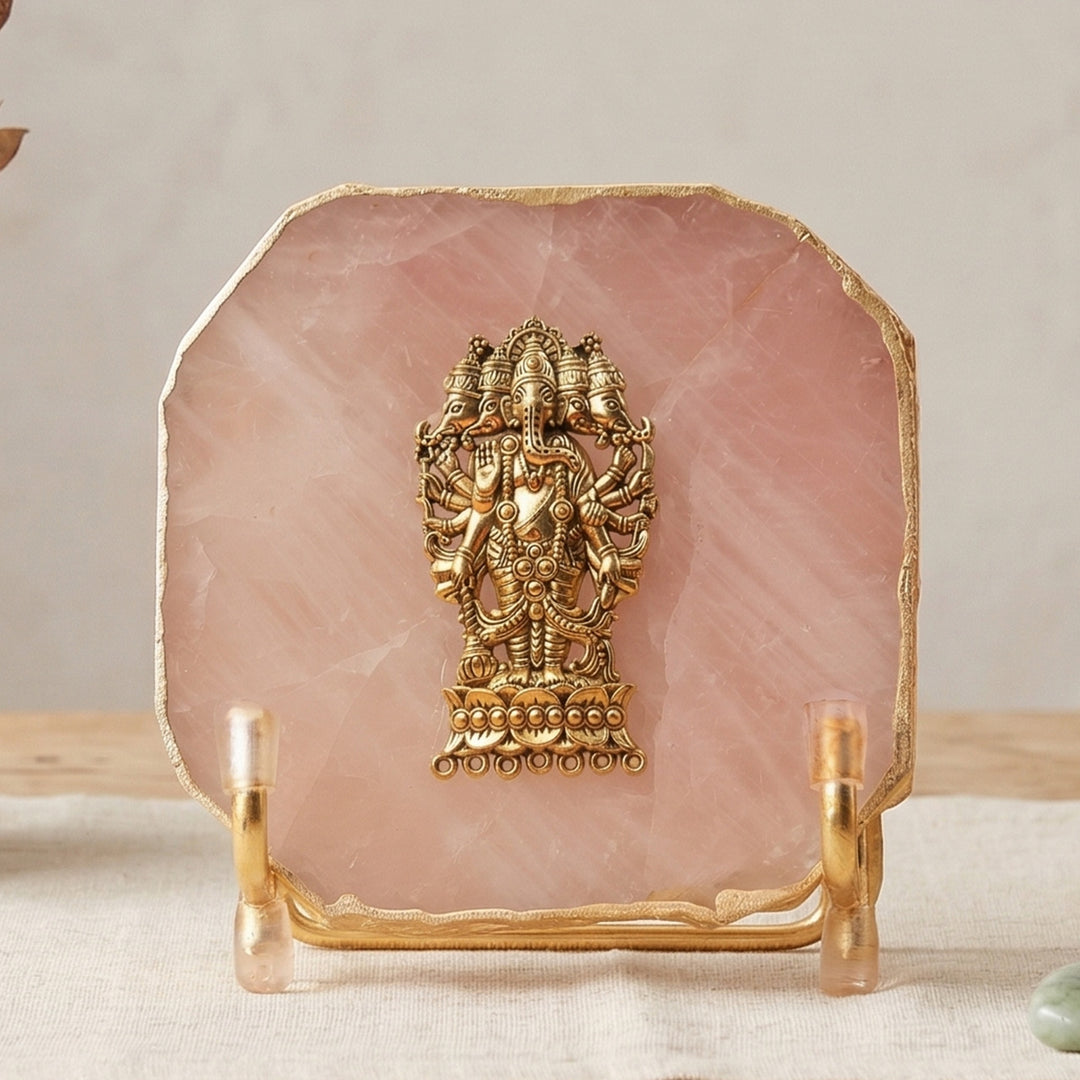Rose Quartz Agate Gold Plated Ganesha Showpiece With Metal Stand