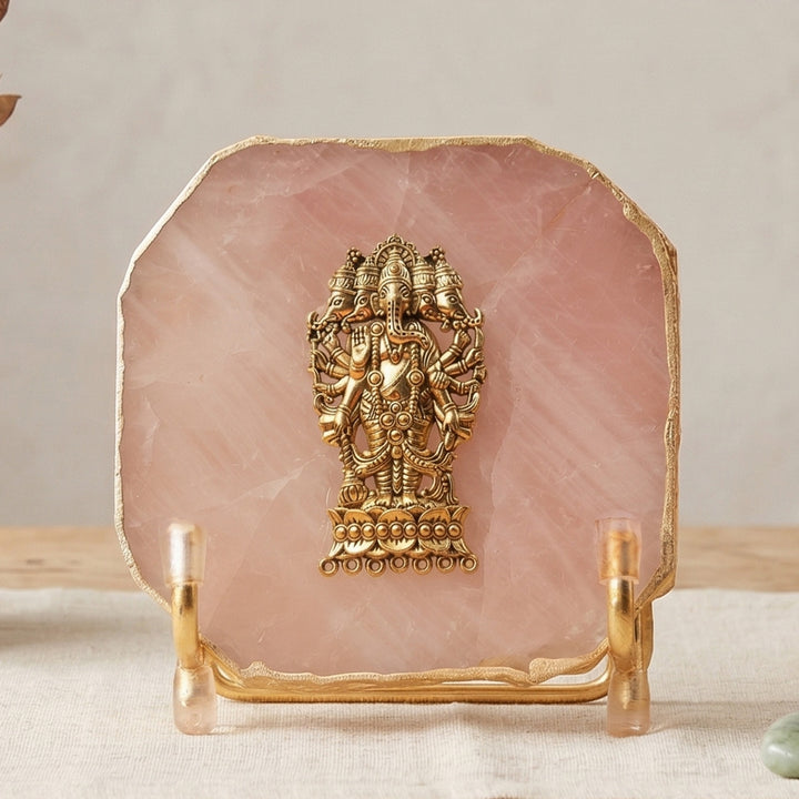 Rose Quartz Agate Gold Plated Ganesha Showpiece With Metal Stand