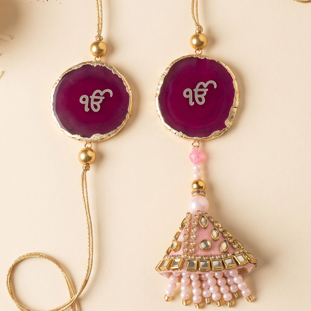 Handmade "Ik Onkar" Pink Premium Agate Bhaiya Bhabhi Couple Rakhi And Lumba Set With Roli Chawal, Nariyal And Gift Box | Set of 2