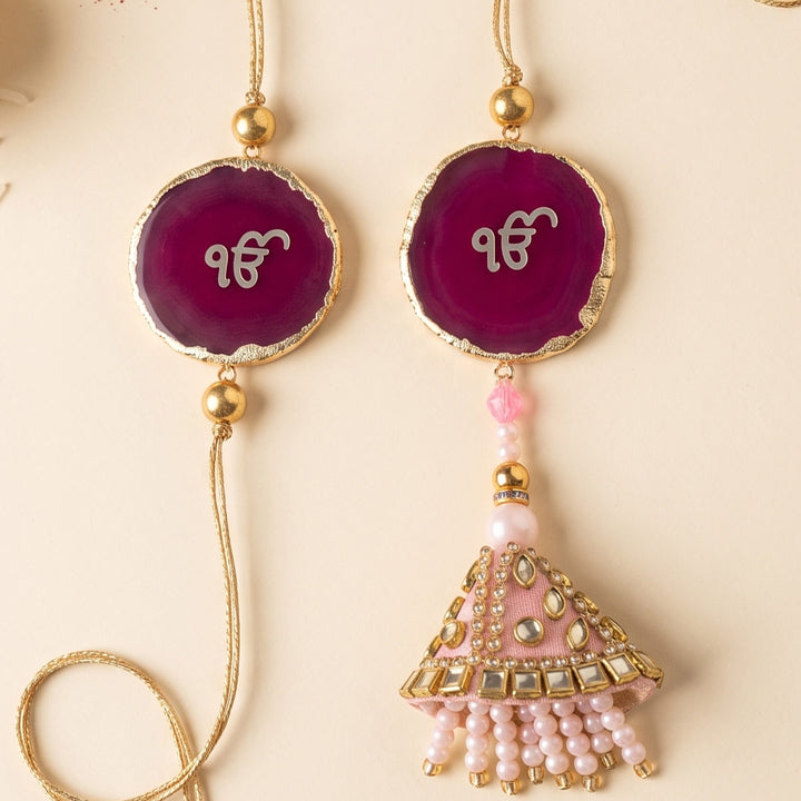 Handmade "Ik Onkar" Pink Premium Agate Bhaiya Bhabhi Couple Rakhi And Lumba Set With Roli Chawal, Nariyal And Gift Box | Set of 2