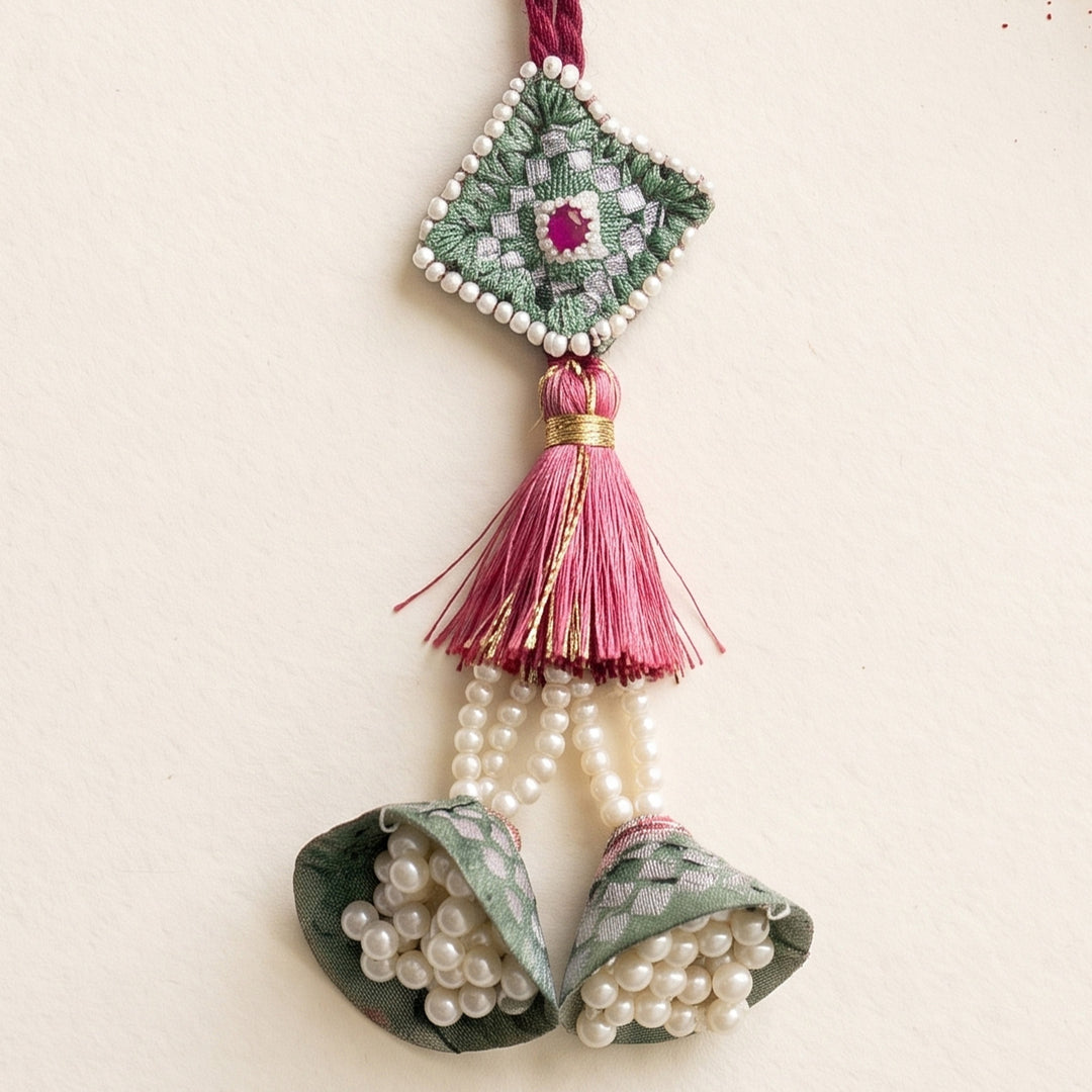 Handcrafted Pearl, Tassel & Thread Work Cheed Light Lumba Rakhi for Bhabhi - Mint Green