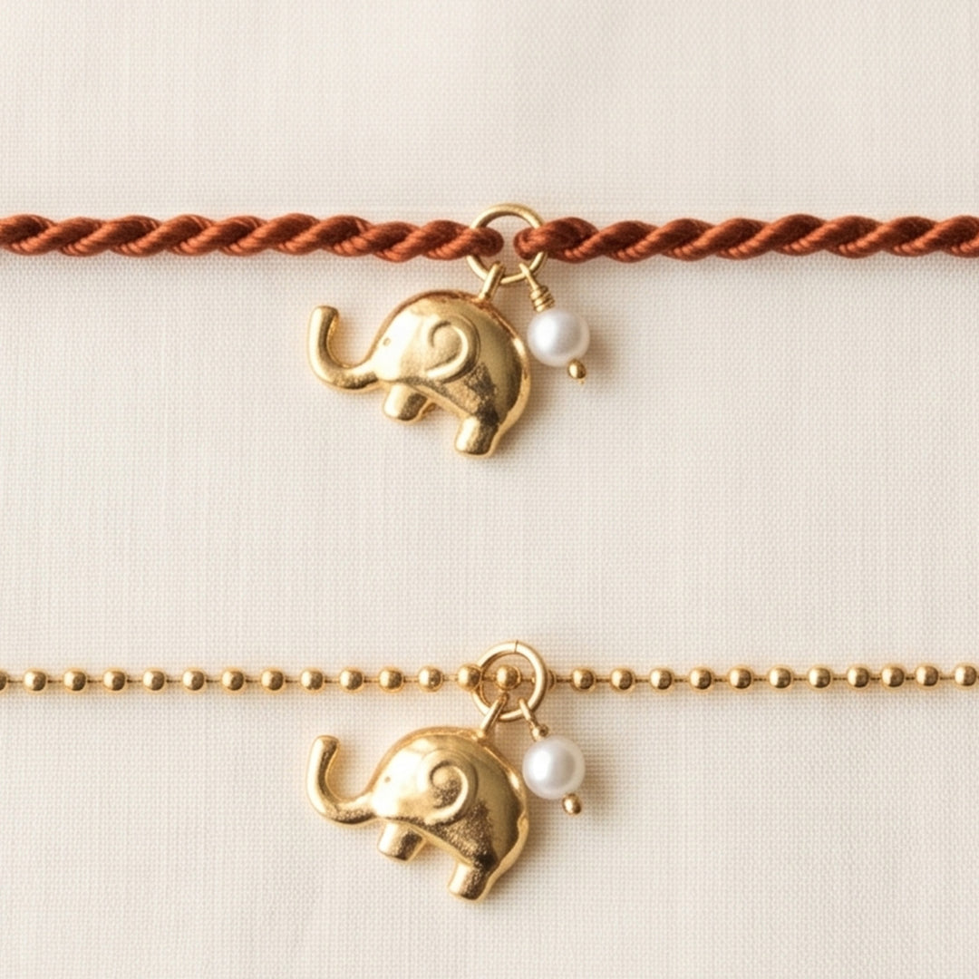 Cute Elephant With Pearl Gold Plated Sterling Silver Rakhi & Lumba Set With Roli Chawal For Bhaiya Bhabhi | Set of 2