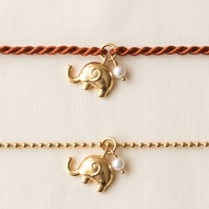 Cute Elephant With Pearl Gold Plated Sterling Silver Rakhi & Lumba Set With Roli Chawal For Bhaiya Bhabhi | Set of 2