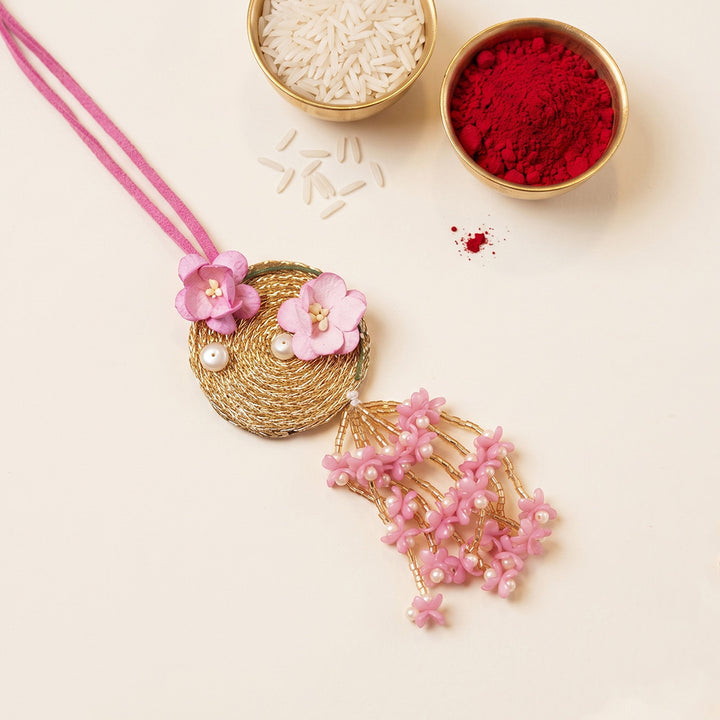 Pink Floral Gold Wirework & Beaded Lumba Rakhi With Roli Chawal For Sister/Bhabhi