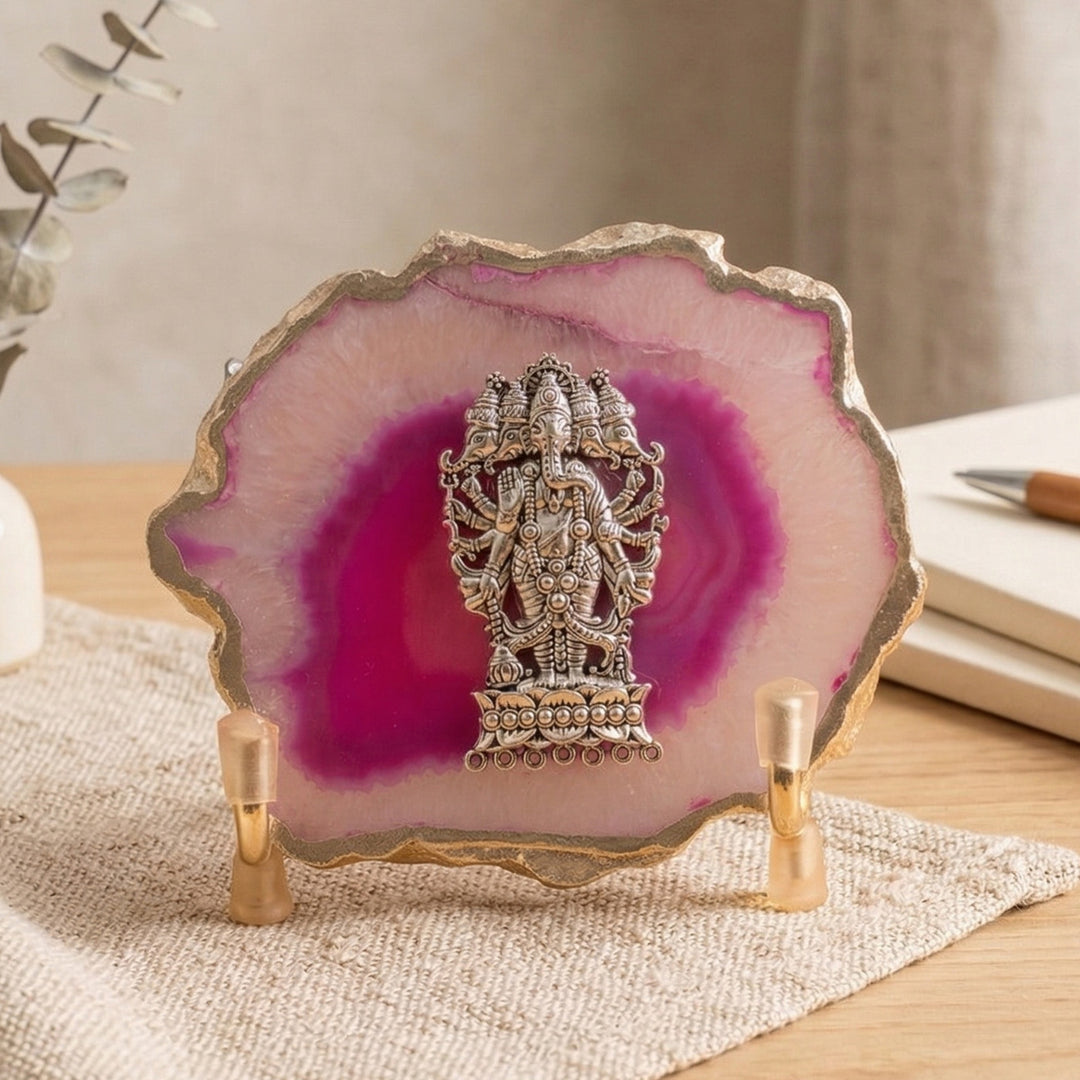 Pink Agate Silver Plated Ganesha Showpiece With Metal Stand