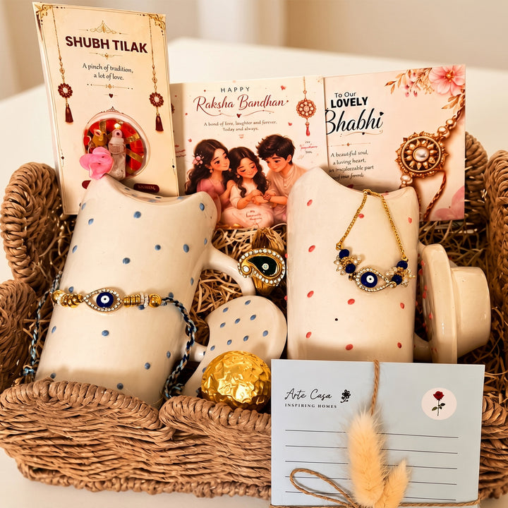"Perfect Jodi" Ceramic Sipper Rakhi Hamper With Metal Basket & Rakhi Set For Bhaiya Bhabhi