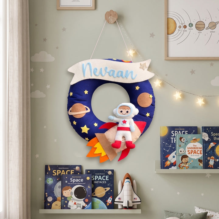 Handmade Astronaut On Rocket Felt Nameplate