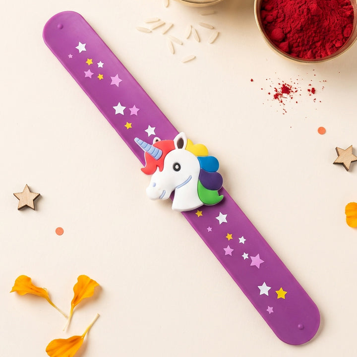 Handmade Unicorn Head Silicone Slap Band Rakhi For Kids With Roli Chawal For Brother