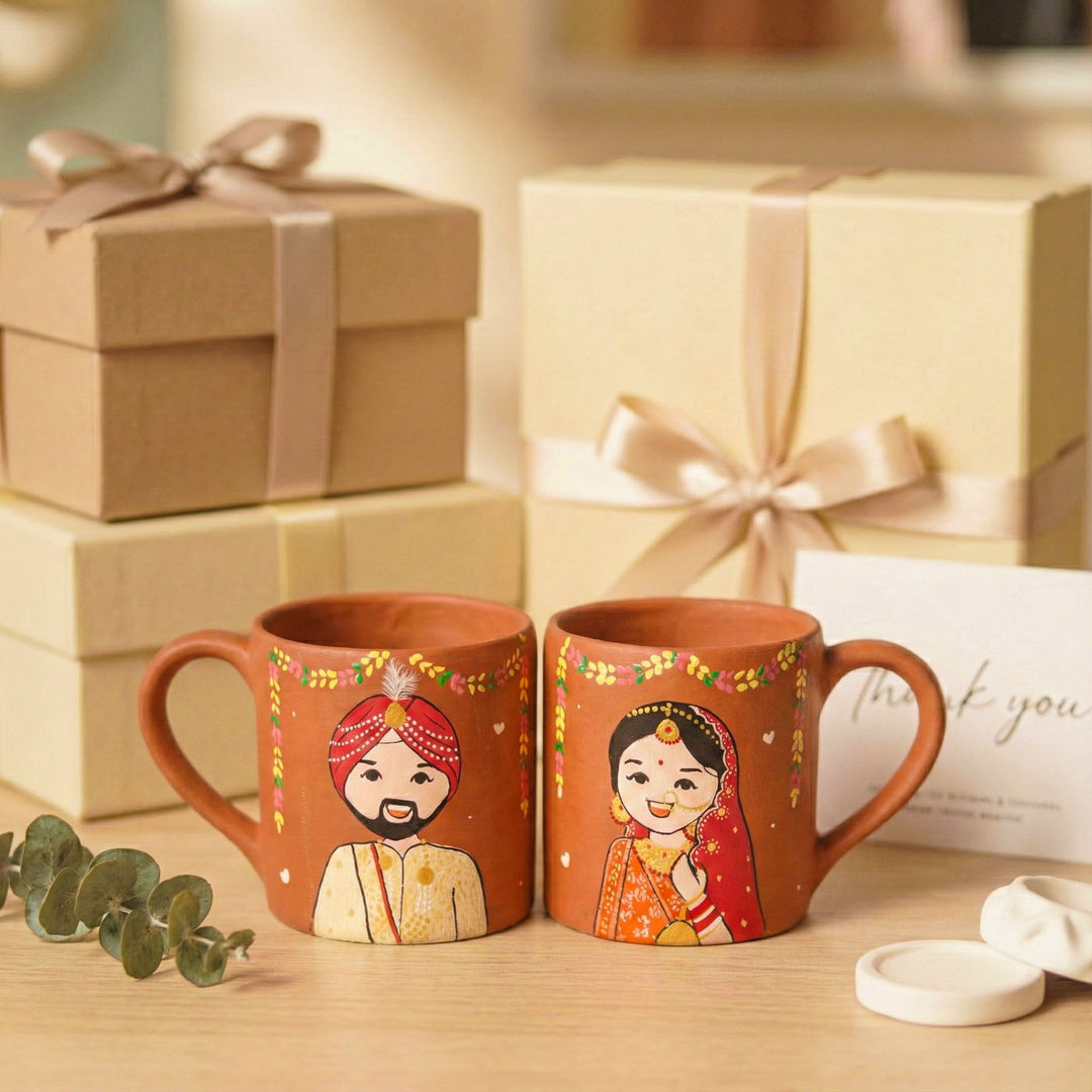 2 Pc | Punjabi Couple Personalized Handpainted Terracotta Mug | 200 ml