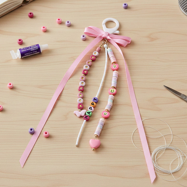 Personalized Beaded Pink Hearts & Ribbon Bow Bag Charm For Kids