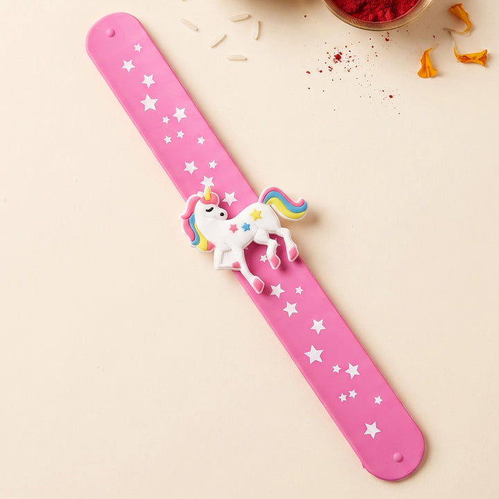 Handmade Elegant Unicorn Silicone Slap Band Rakhi For Kids With Roli Chawal For Brother