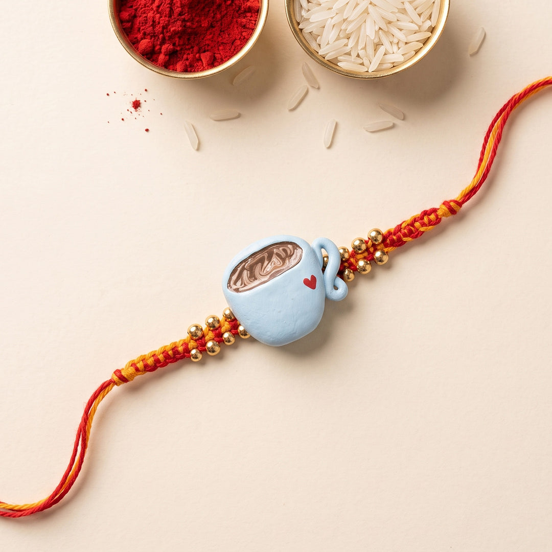Handmade Chai Cup Charm Polymer Clay Rakhi With Roli Chawal For Brother