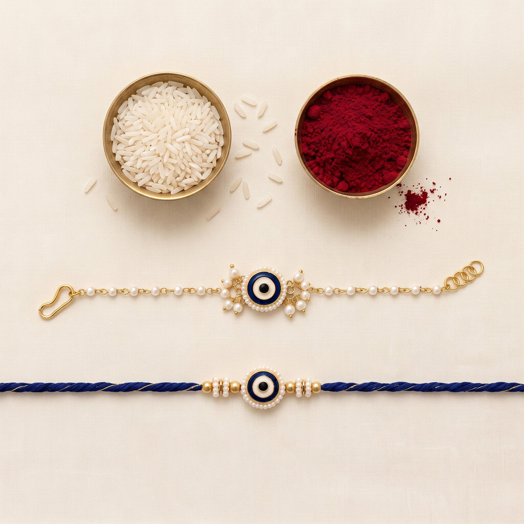 Reusable Evil Eye & Pearl Couple Rakhi With Roli Chawal For Bhaiya Bhabhi | Set of 2