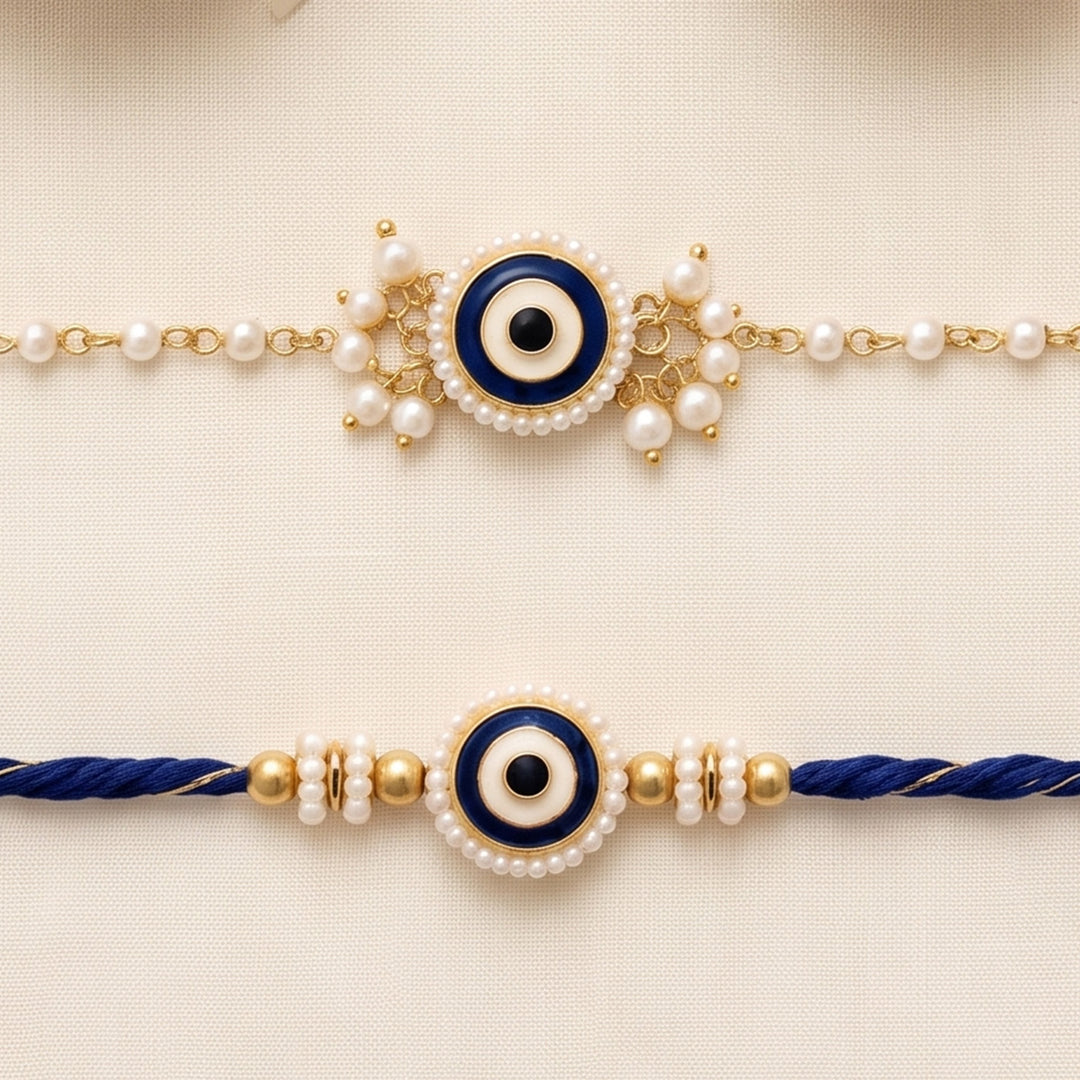 Reusable Evil Eye & Pearl Couple Rakhi With Roli Chawal For Bhaiya Bhabhi | Set of 2