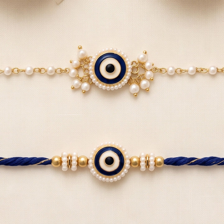 Reusable Evil Eye & Pearl Couple Rakhi With Roli Chawal For Bhaiya Bhabhi | Set of 2