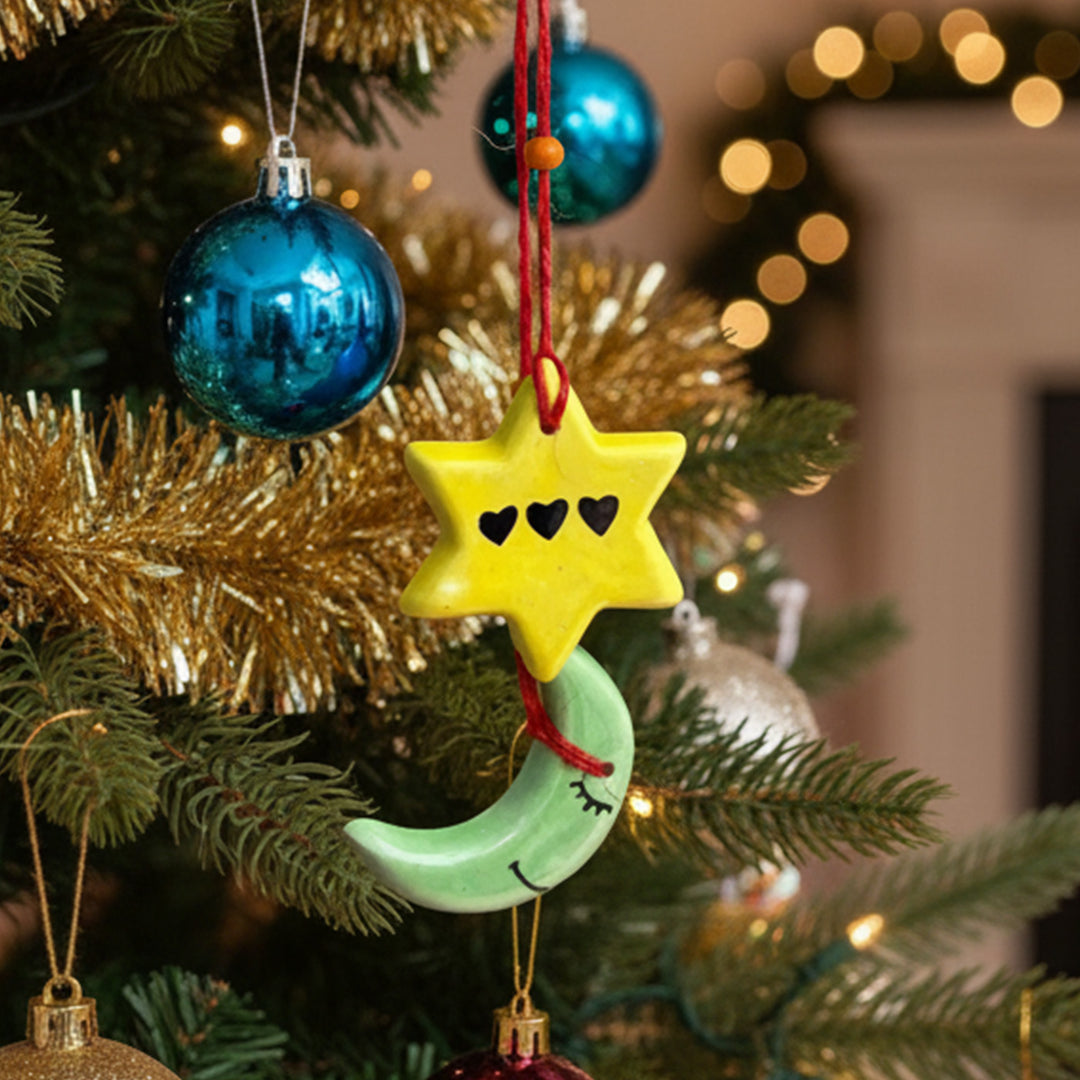 Handmade Moon & Star Ceramic Ornament For Christmas Tree Decoration