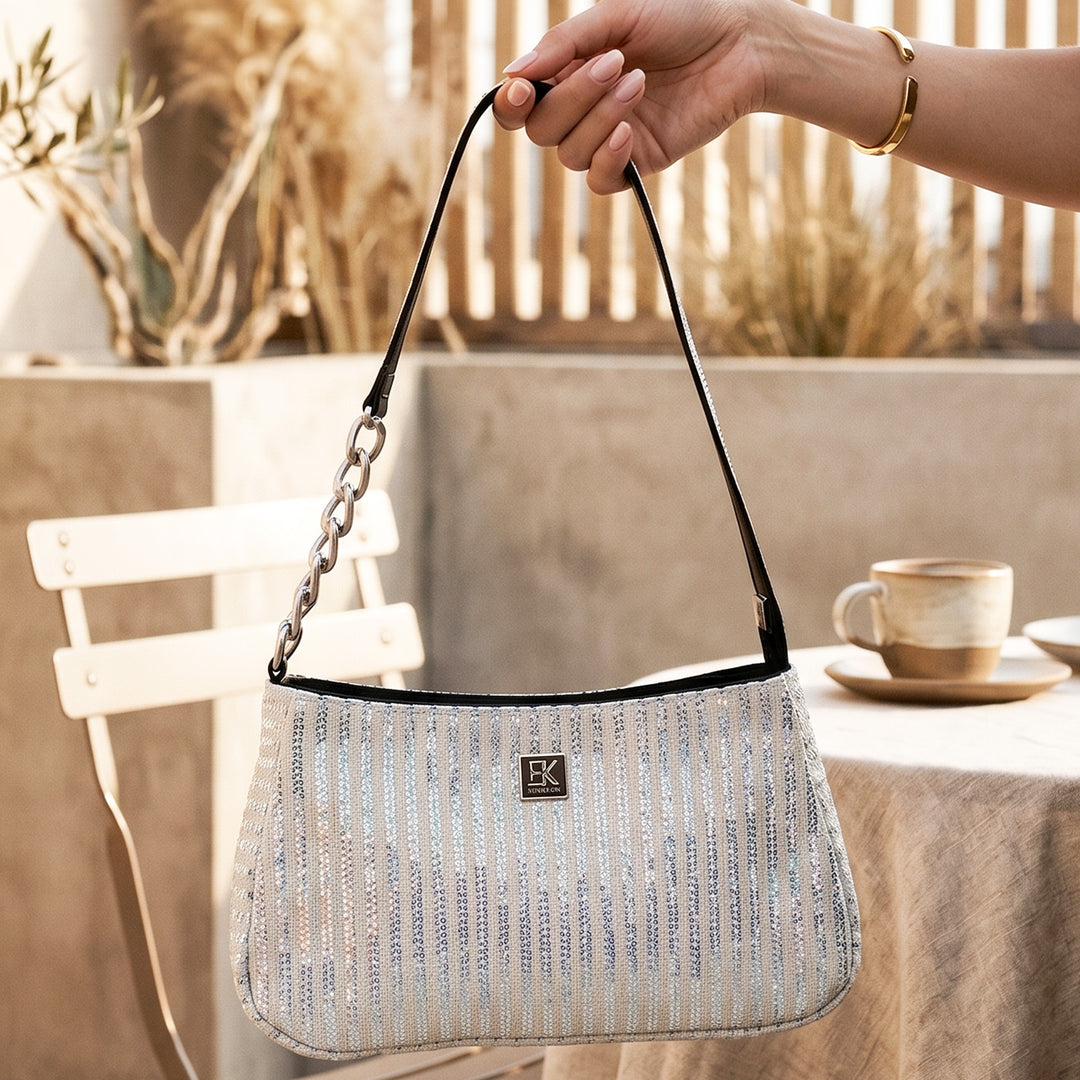 Abstract Black and White Striped Upcycled Plastic Handcrafted Mini Baguette Handbag