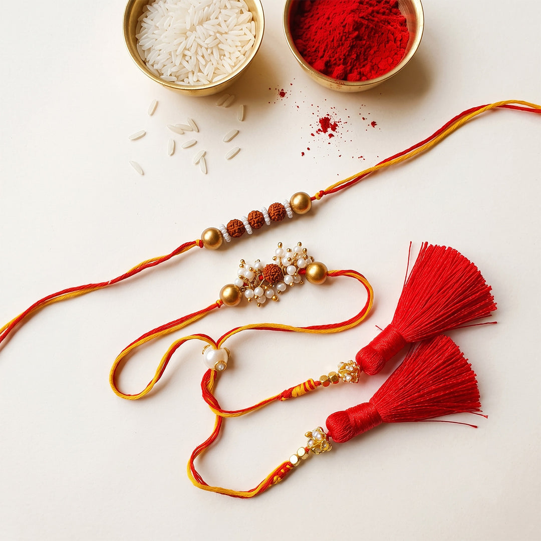 Handmade Rudraksha Pearl Rakhi With Lumba With Roli Chawal For Bhaiya Bhabhi | Set Of 2