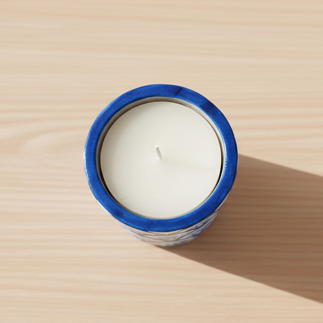 Hand-Painted Blue Indigo Terracotta Candle Holder With Candle