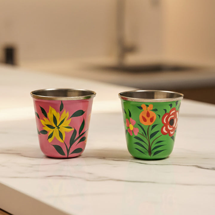 2Pc | Hand-Painted Green & Pink Floral Kashmiri Art Stainless Steel Shot Glasses