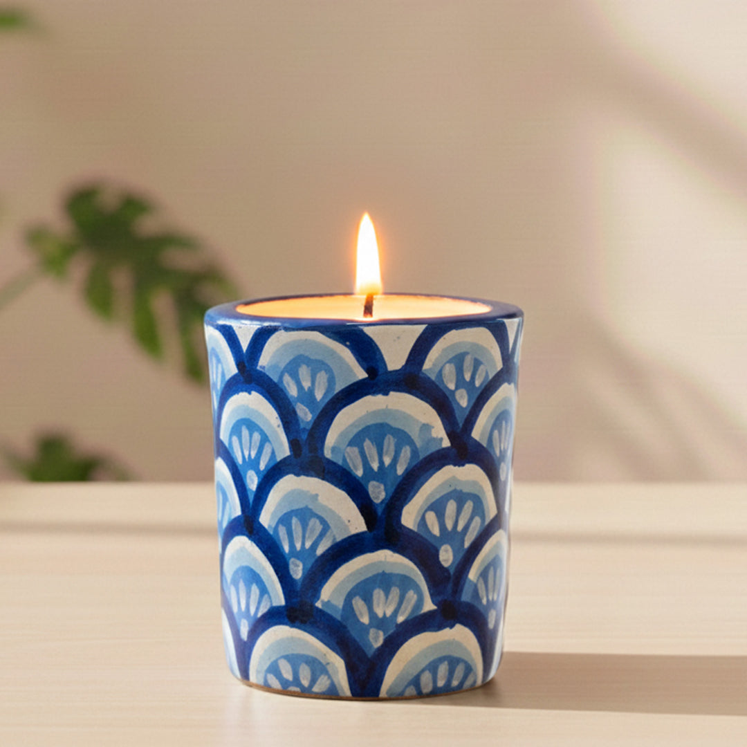 Hand-Painted Blue Indigo Terracotta Candle Holder With Candle