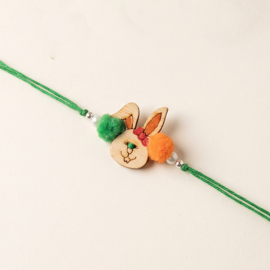 Fluffy Bunny Handcrafted Wooden Kids Rakhi With Roli Chawal For Brother