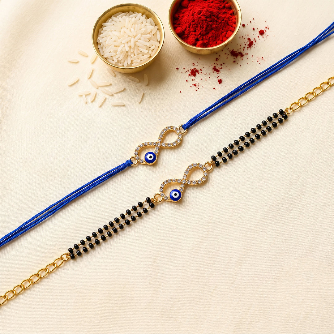 Handmade Infinity Evil Eye Charm Rakhi & Lumba With Roli Chawal For Bhaiya Bhabhi | Set Of 2
