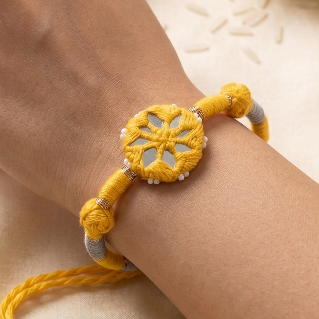 Handmade Mirror Work Patwa Yellow Cotton Rakhi With Roli Chawal