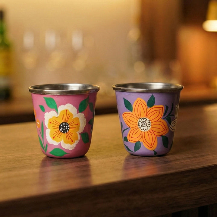 2Pc | Hand-Painted Pink & Purple Floral Kashmiri Art Stainless Steel Shot Glasses