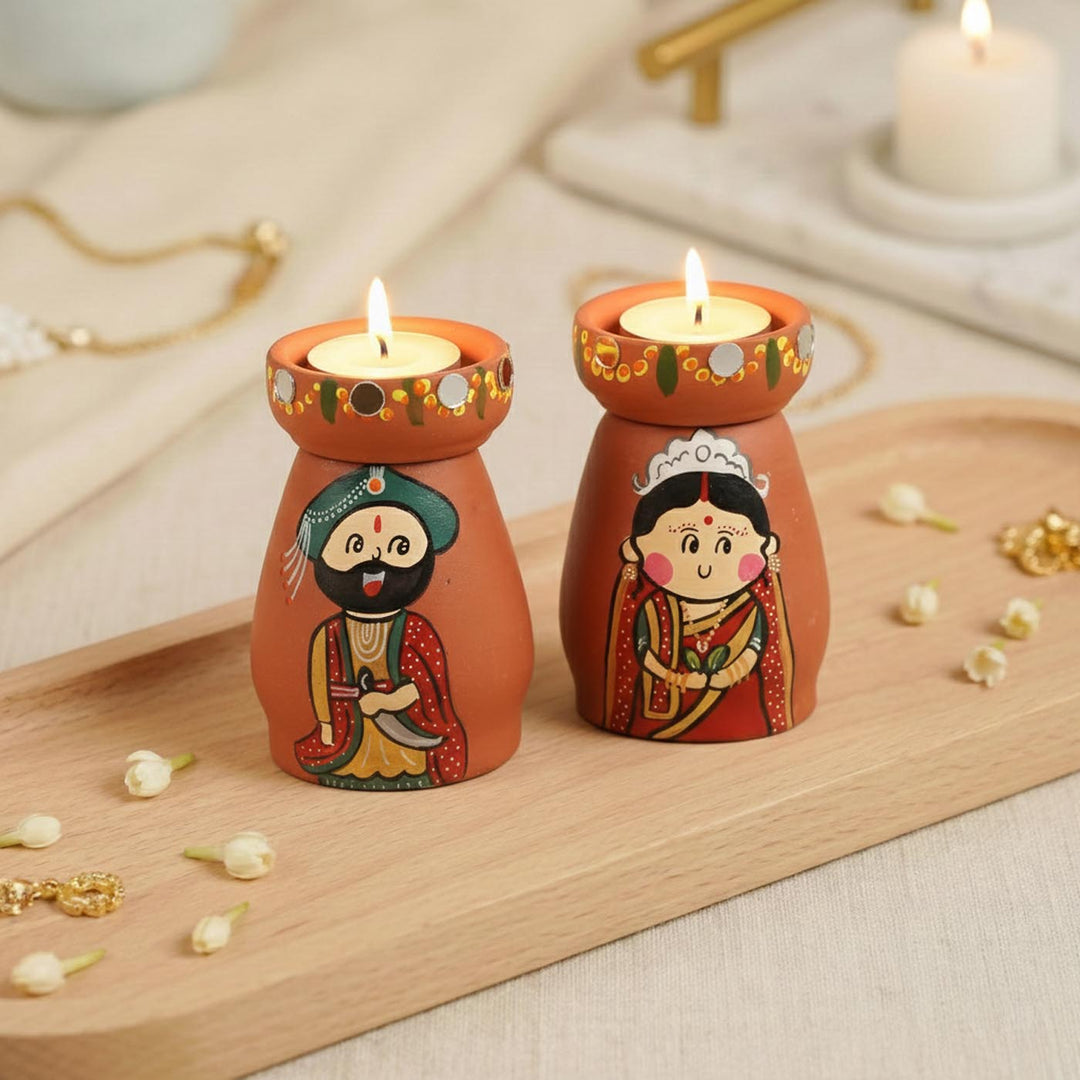 2 Pc | North Indian Couple Handpainted Terracotta Tealight Holders