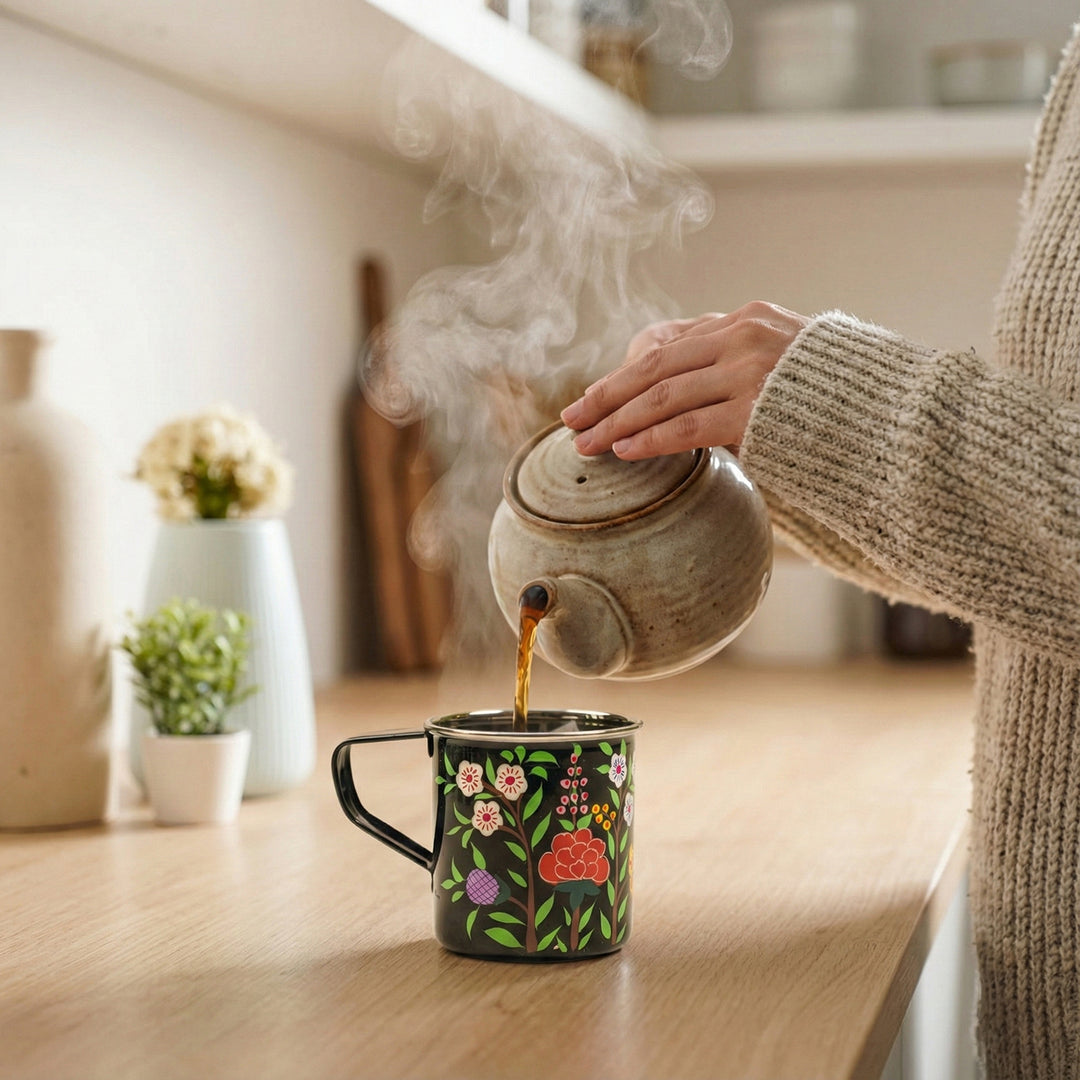 Hand-Painted Black Floral Kashmiri Art Stainless Steel Mug