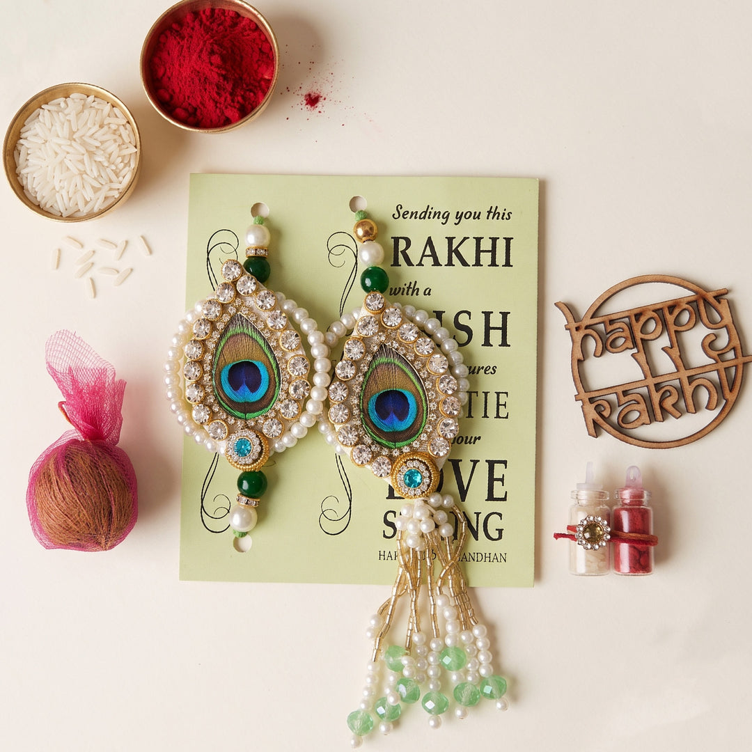 Handmade Peacock Green Premium Agate Bhaiya Bhabhi Couple Rakhi & Lumba Set With Roli Chawal, Nariyal And Gift Box | Set of 2