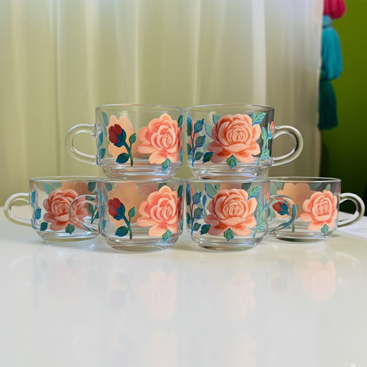 Hand-Painted Peach Roses Glass Tea Cups