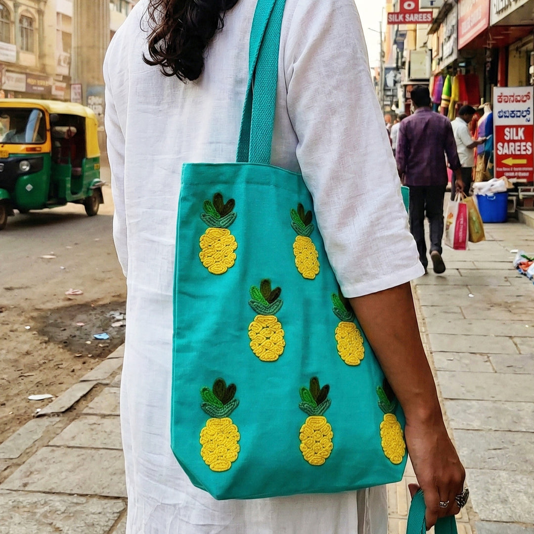 Hand-Embroidered Dori Work Teal Pineapple Tote Bag